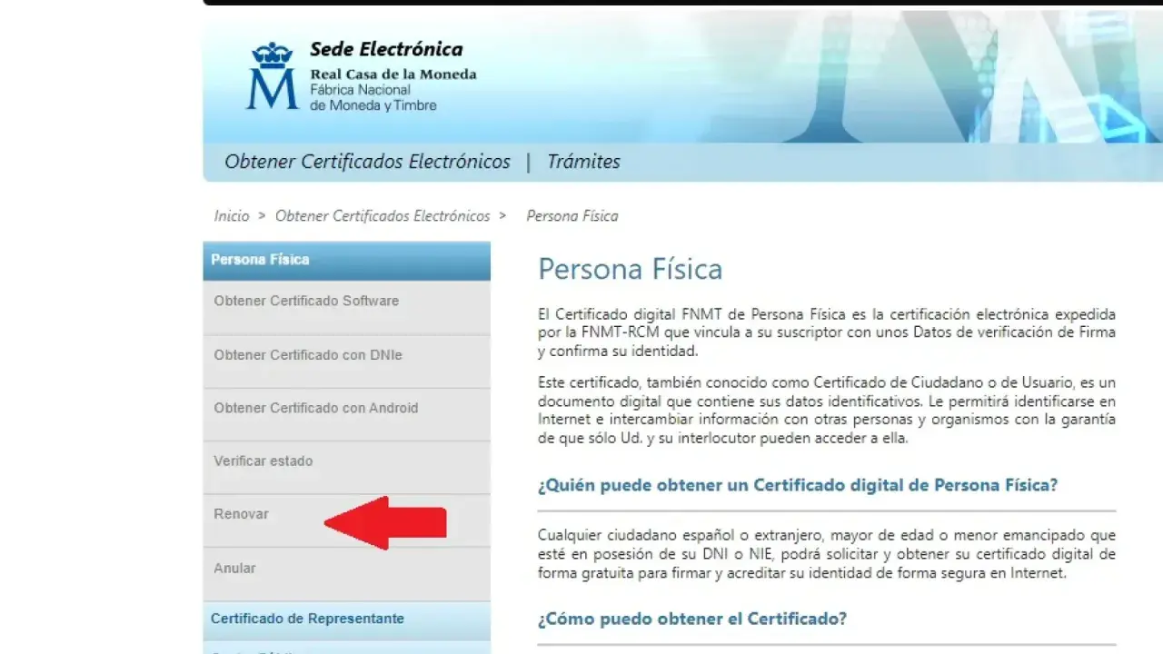 Menú lateral con opciones para certificados digitales. La opción "Renovar" está resaltada. Averigua cuanto dura el certificado digital.