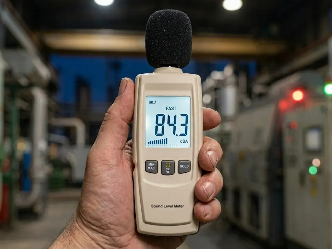 Medidor de sonido muestra 84.3 dBA, ilustrando la diferencia entre dB y dBA en la medición del ruido industrial.