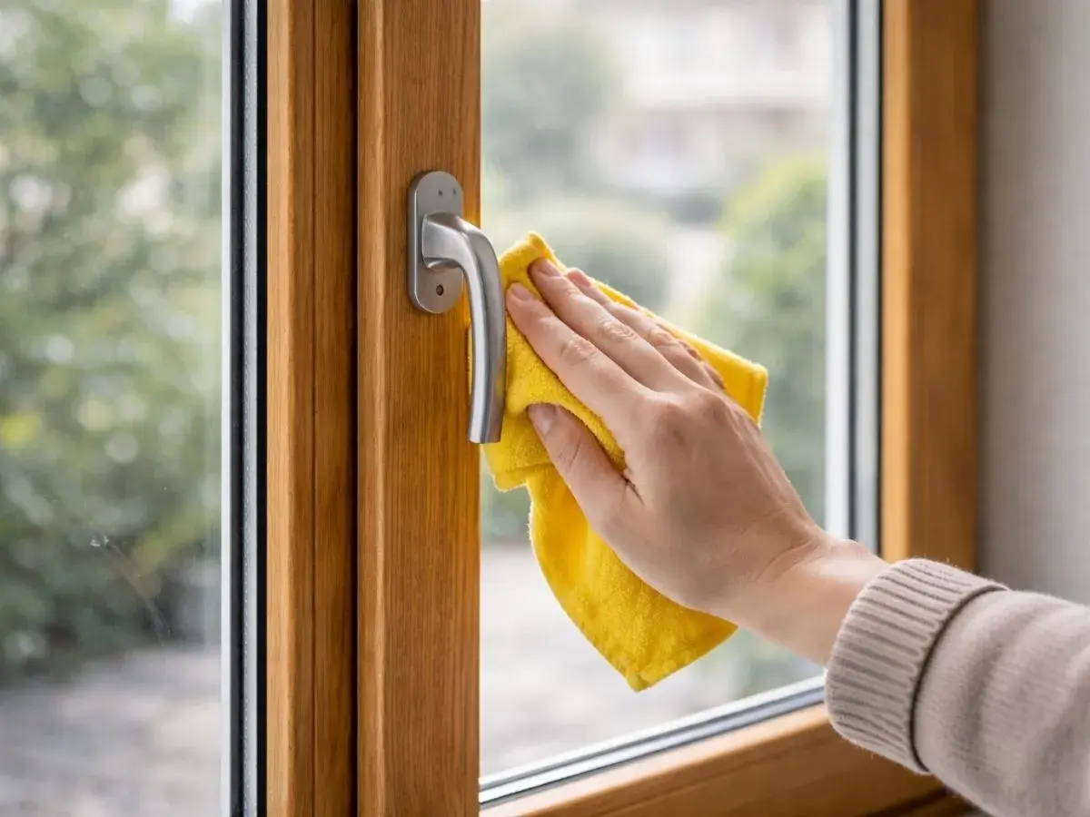 Mano pulisce infisso in legno con panno giallo. Un gesto semplice per rinnovare infissi in legno fai da te e far brillare la tua casa.