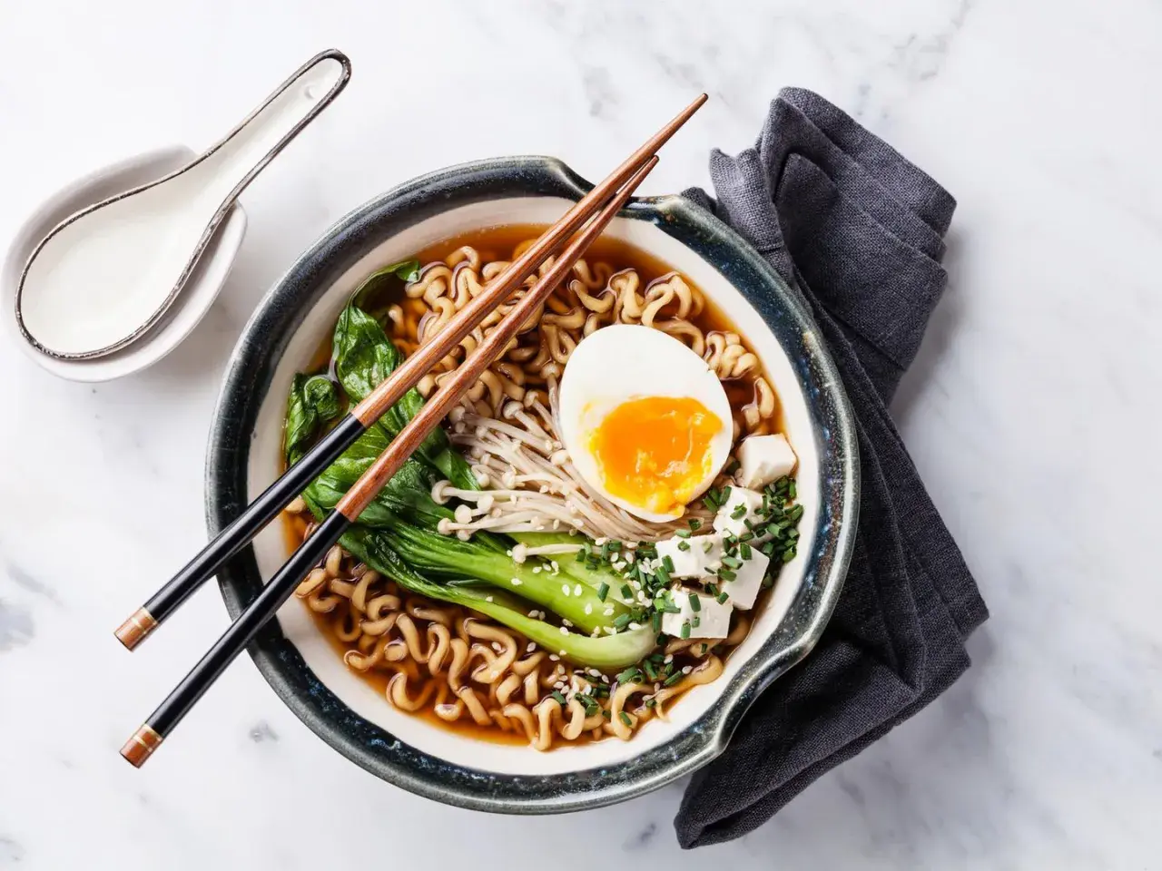 Eine dampfende Schüssel mit köstlicher Ramen-Suppe, garniert mit einem perfekt gekochten Ei, Tofu und Gemüse.