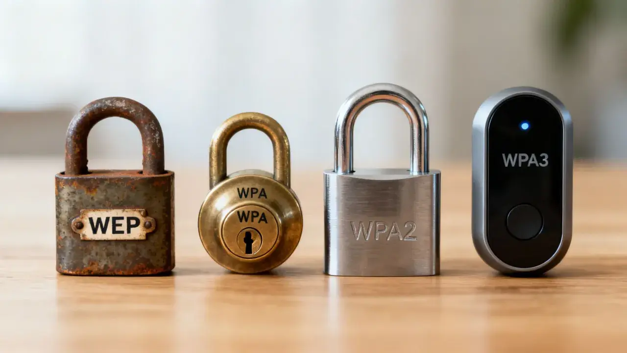 Candados que representan la evolución de la seguridad Wi-Fi: WEP, WPA, WPA2 y WPA3 Personal.