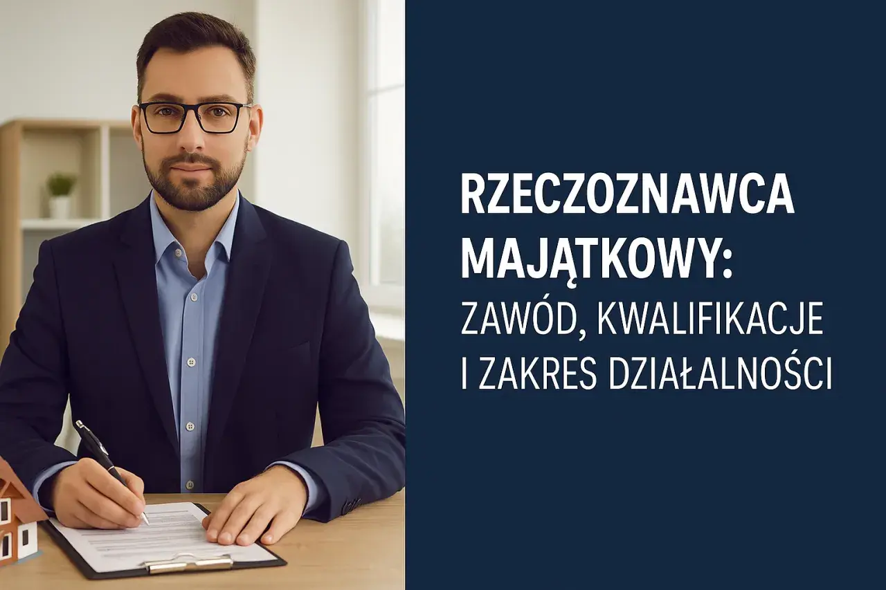 Mężczyzna w garniturze pisze na dokumencie, przygotowując się do egzaminu na rzeczoznawcę majątkowego. Obok stoi model domu.