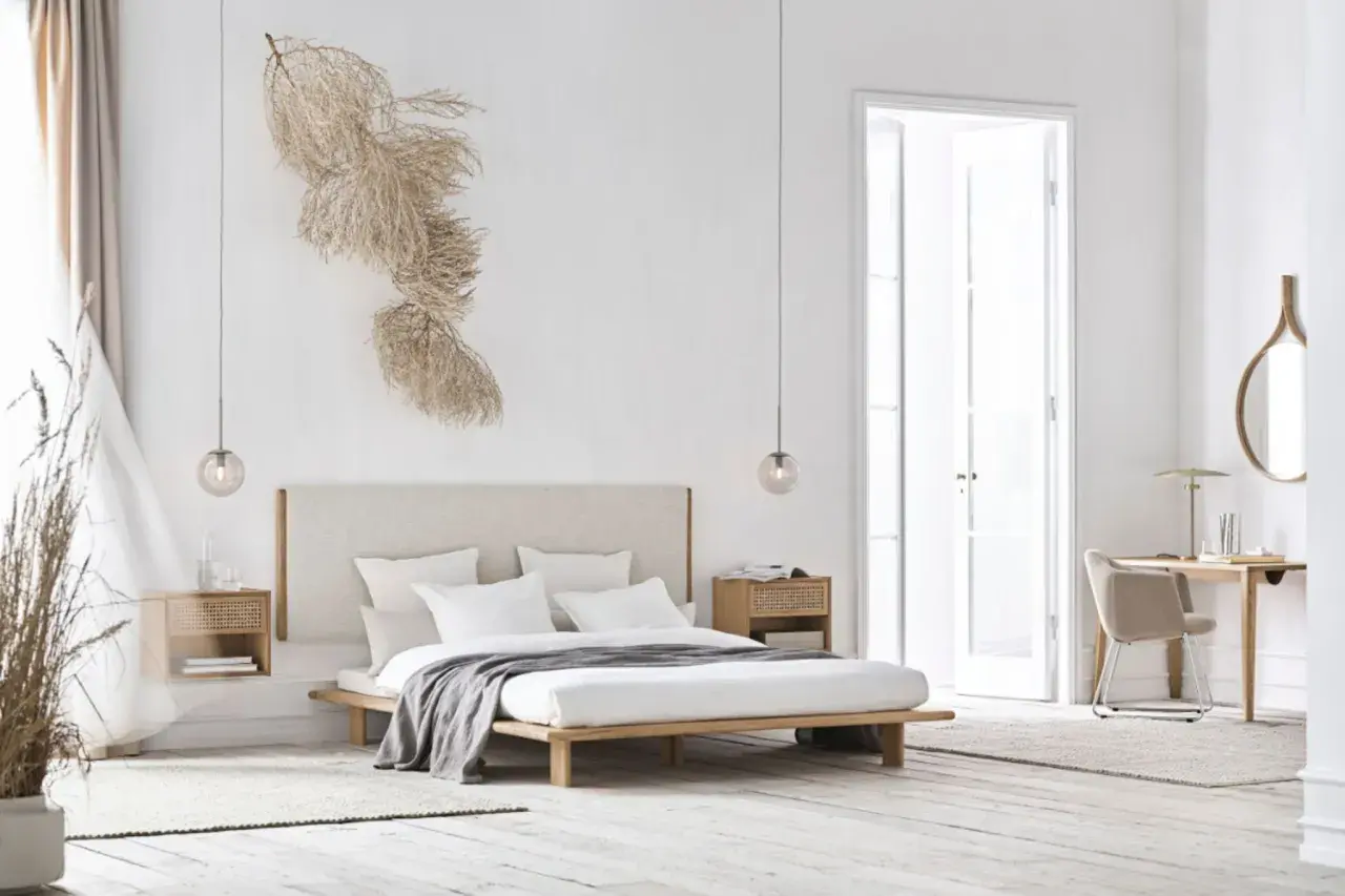 Minimalistisches Schlafzimmer mit einem Bett, Nachttischen und einem Schreibtisch. Die Wand hinterm Bett gestalten Ideen: ein Trockenblumen-Arrangement sorgt für natürliche Akzente.