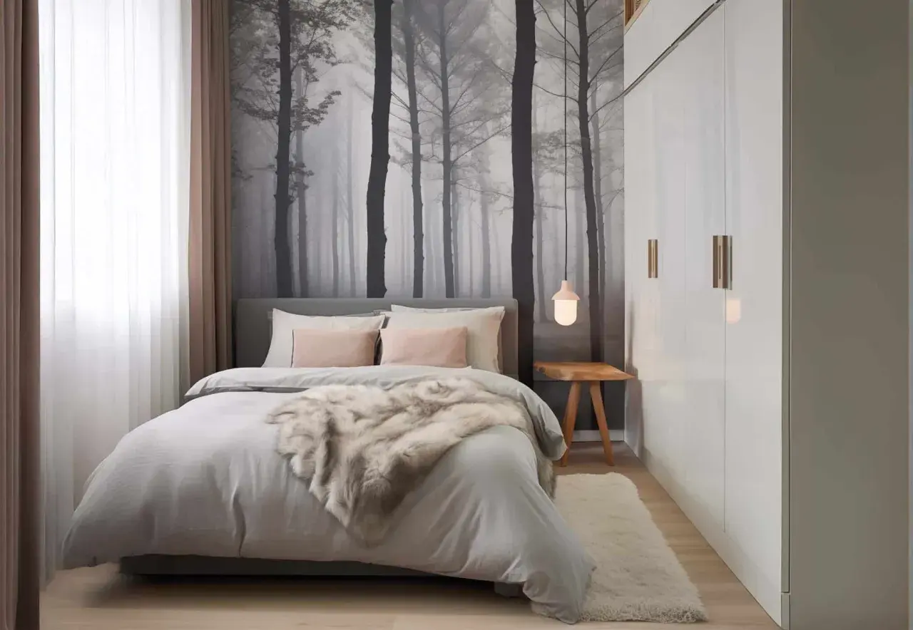 Ein sehr kleines Schlafzimmer einrichten: Gemütliches Bett mit Fell, Waldtapete und weißem Kleiderschrank.