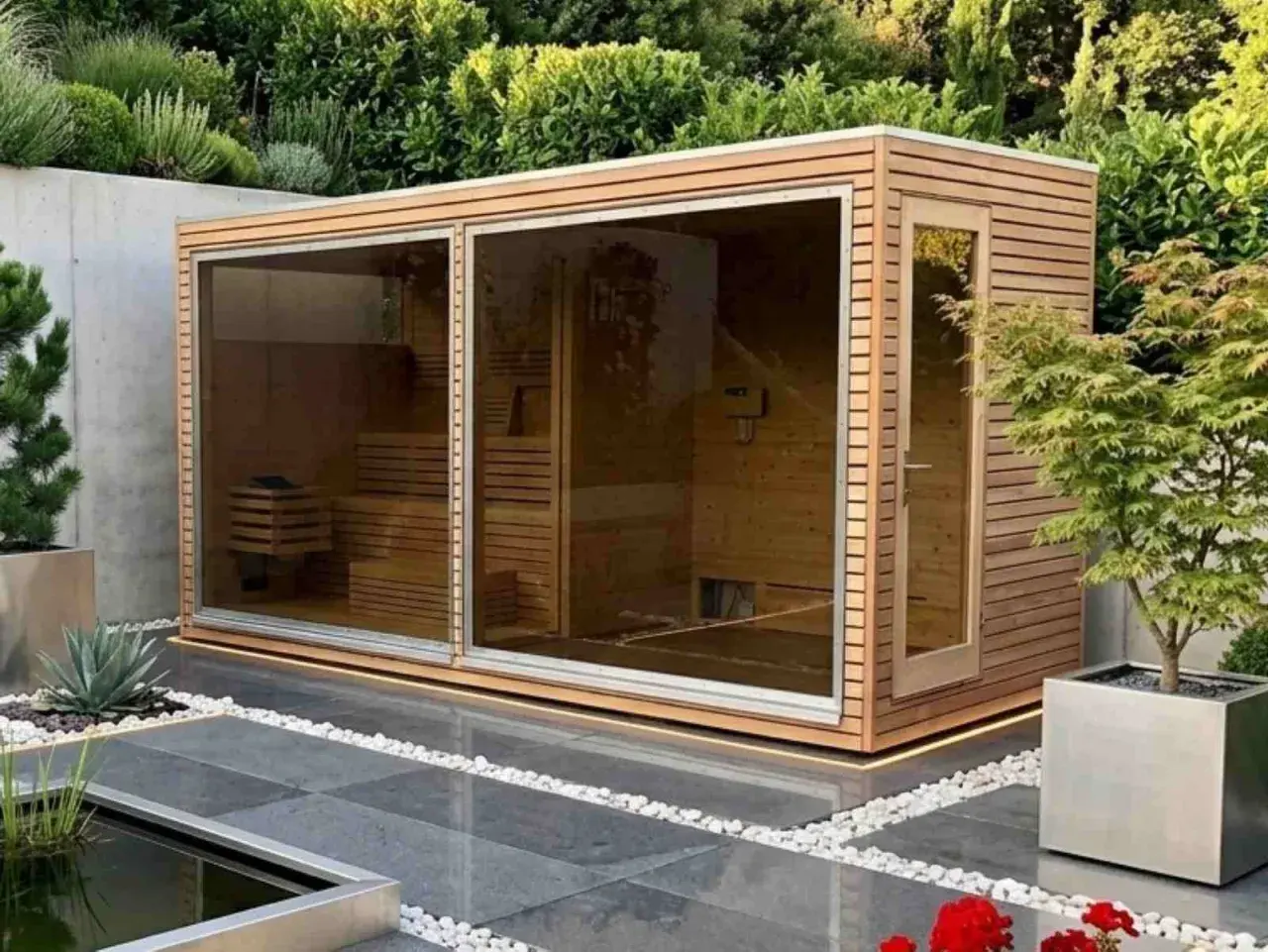 Moderne Gartensauna mit Glasfront, die zum Entspannen einlädt. Ein Traum, wenn man eine Sauna bauen möchte.