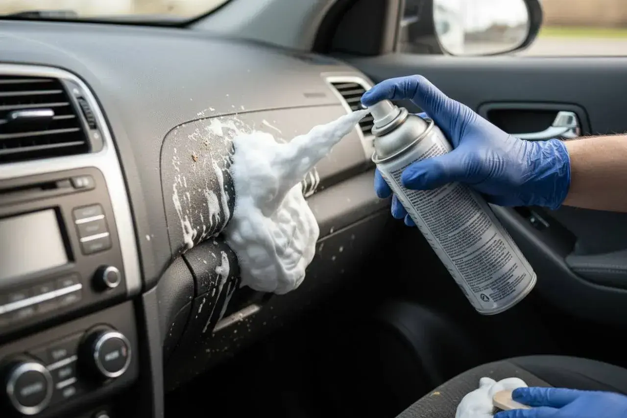 Mano con guanto blu spruzza schiuma da barba per pulire sedili auto e cruscotto.