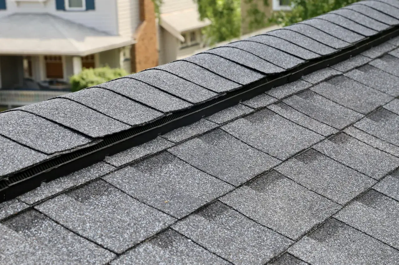 Graues Bitumen-Dach mit Lüftungsgitter. Die Schindeln sind dicht verlegt und bilden eine schützende Schicht.