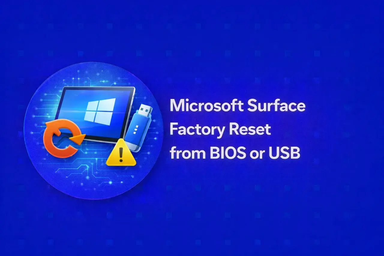 Microsoft Surface neu aufsetzen: Anleitung für Factory Reset über BIOS oder USB. Ein Tablet-Symbol mit Windows-Logo, USB-Stick und Warnzeichen.