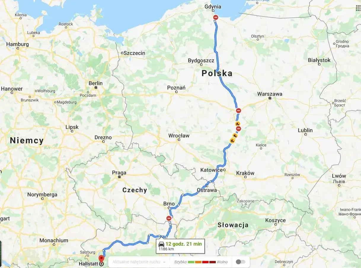 Trasa wycieczki objazdowej Włochy 10 dni: z Gdyni przez Polskę, Czechy, Słowację do Hallstatt w Austrii. 1186 km.