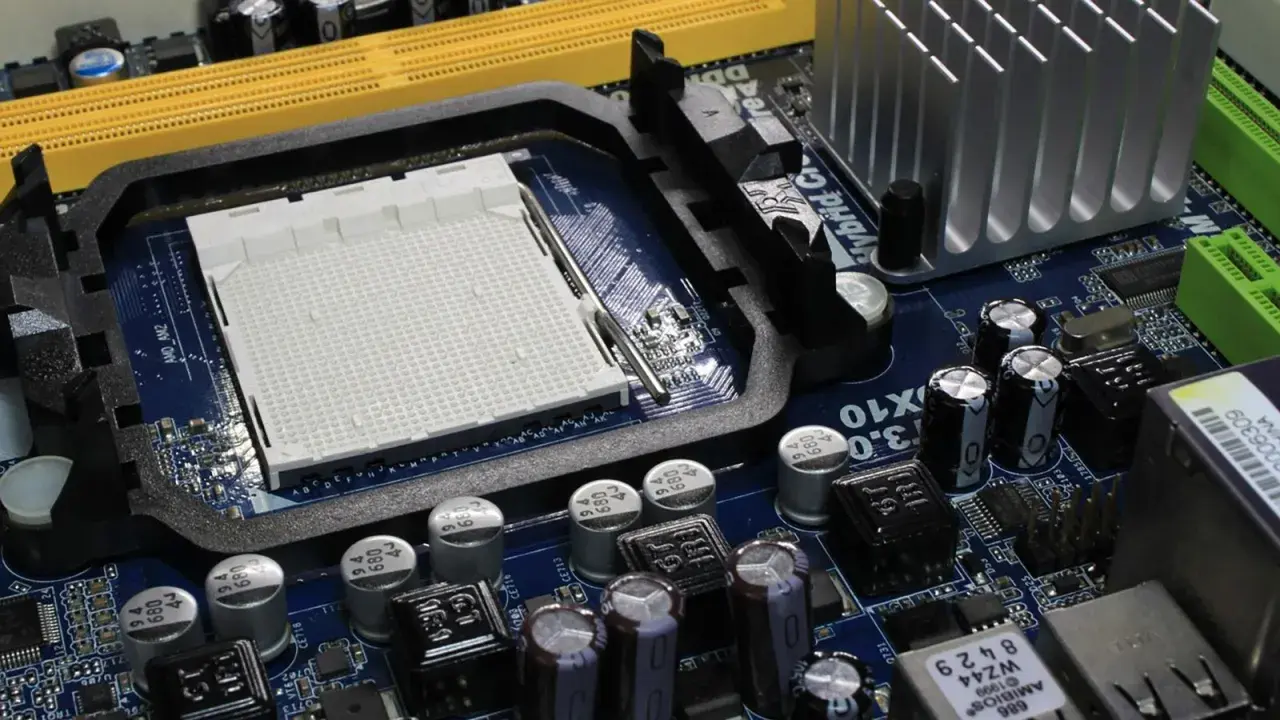 Placa base azul con zócalo de CPU, ranuras de memoria amarillas y disipador plateado. Ideal para saber que placa base tengo.