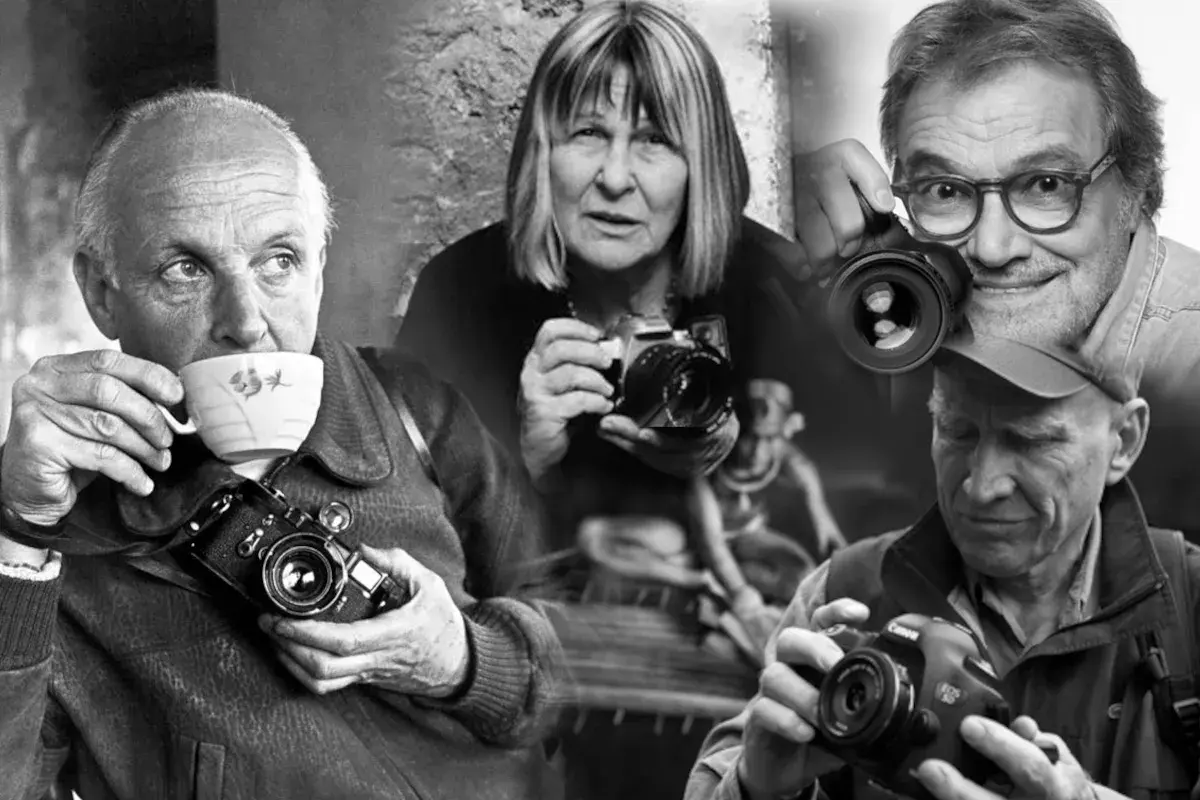 Un collage di volti di fotografi, tra cui un noto fotografo italiano, con macchine fotografiche in mano.