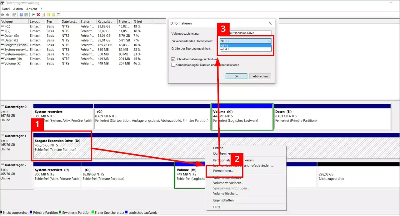 Datenträgerverwaltung zeigt das Fenster "D: formatieren" an, um eine Festplatte mit diskpart format zu bereiten.