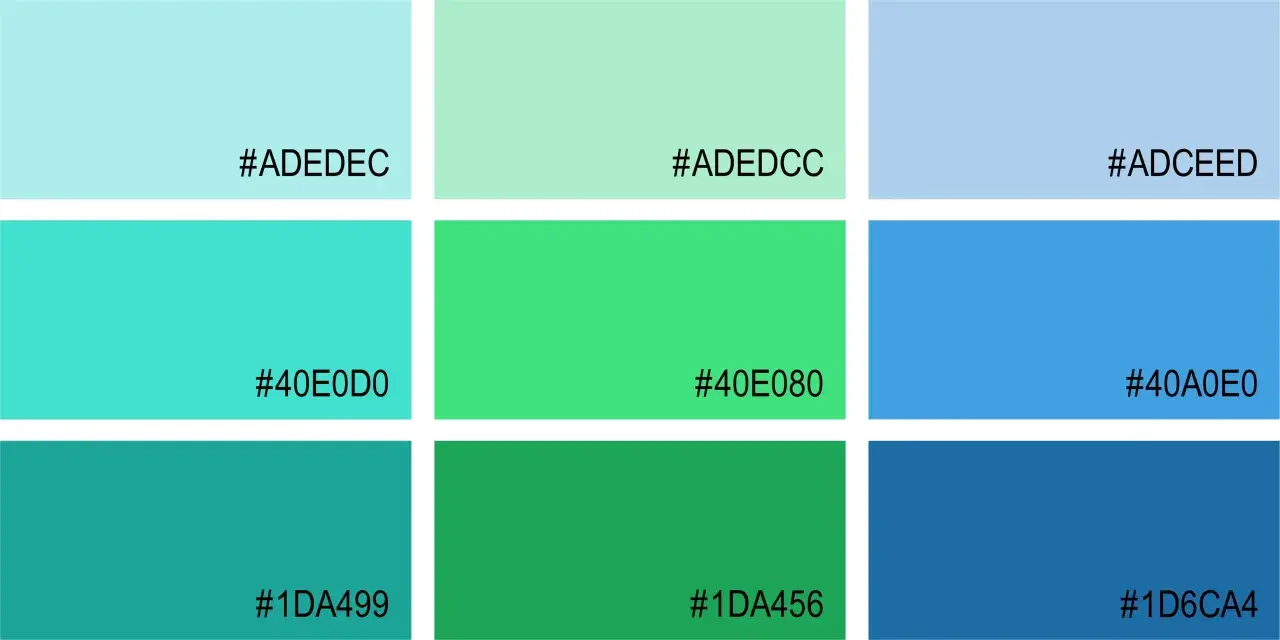 Farbpalette mit verschiedenen Türkistönen und Blau. Diese Farben können eine beruhigende Wirkung auf die Psyche haben.