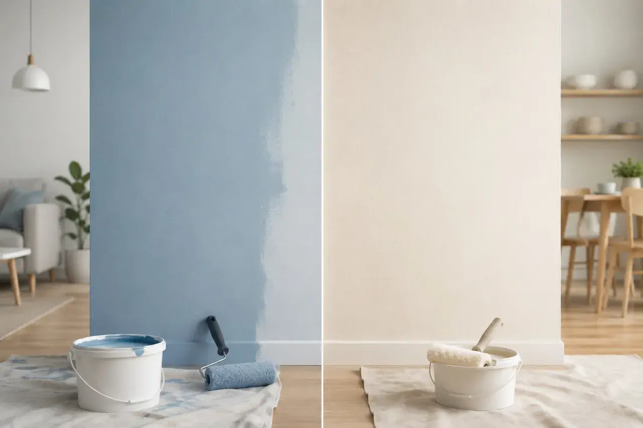 Pareti in fase di tinteggiatura: un lato blu, l'altro beige. Il significato di "traspirante" si ritrova nella scelta di vernici che permettono alla parete di respirare.