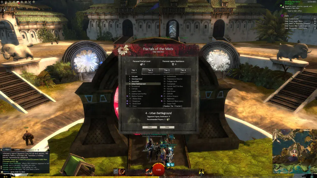 Wybór fraktala "Urban Battleground" w Guild Wars 2. Spolszczenie gry ułatwia nawigację po menu.