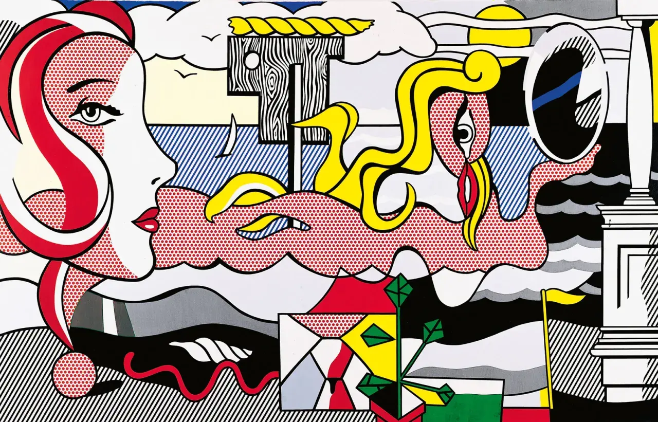 Pop art w stylu Roy Lichtensteina: kobieta z czerwoną falującą fryzurą, fale, żaglówka i odbicie w lustrze. Łatwe do rozpoznania.