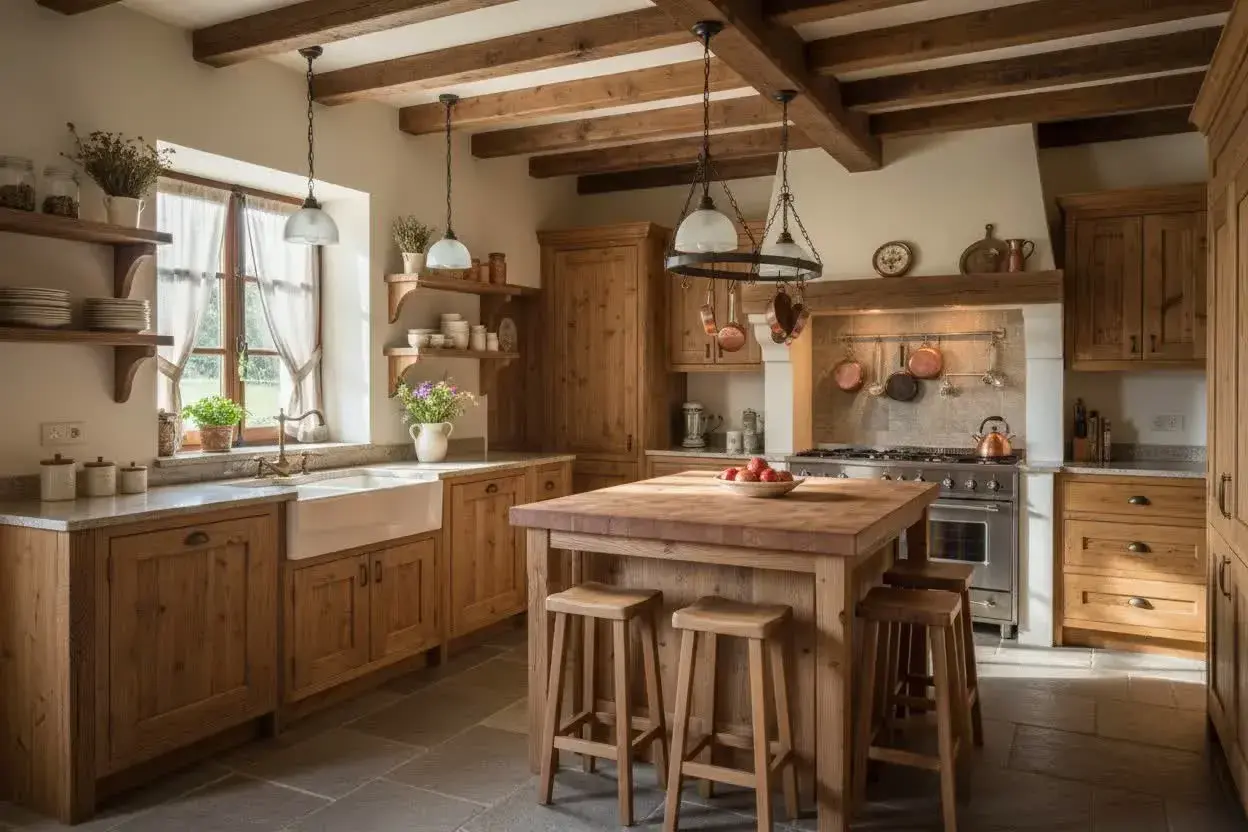 Cucina rustica con isola centrale in legno, travi a vista e mobili in abete. Perfetta per chi cerca idee cucina rustica.