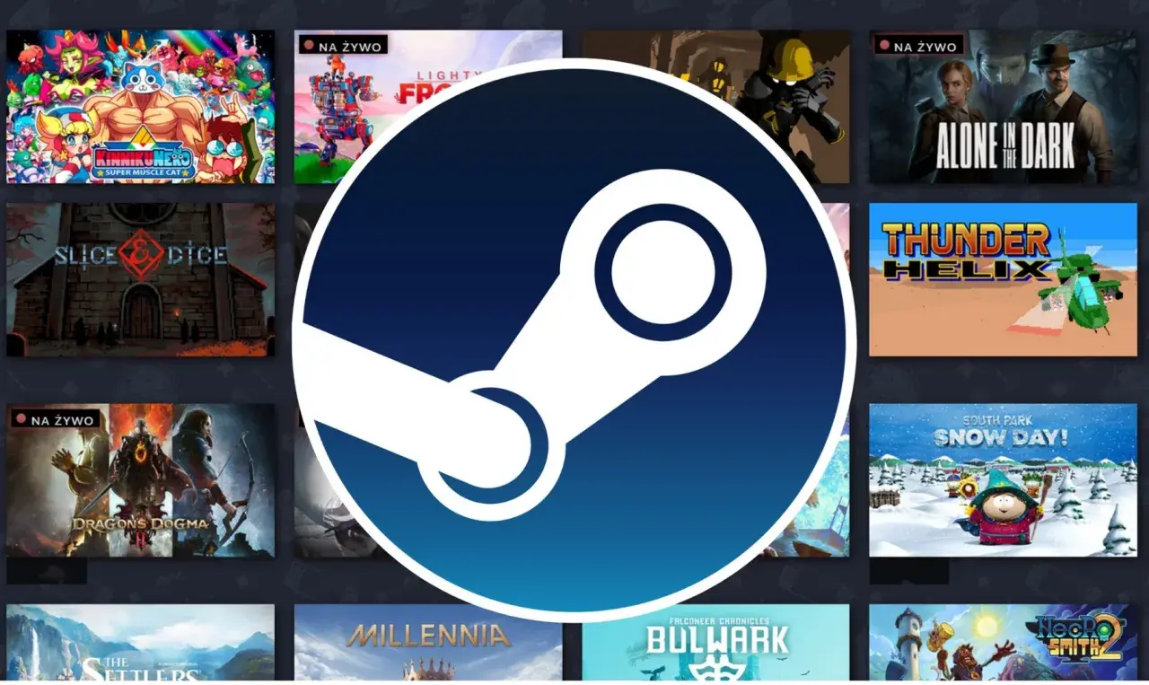 Logo Steam na tle okładek gier komputerowych.