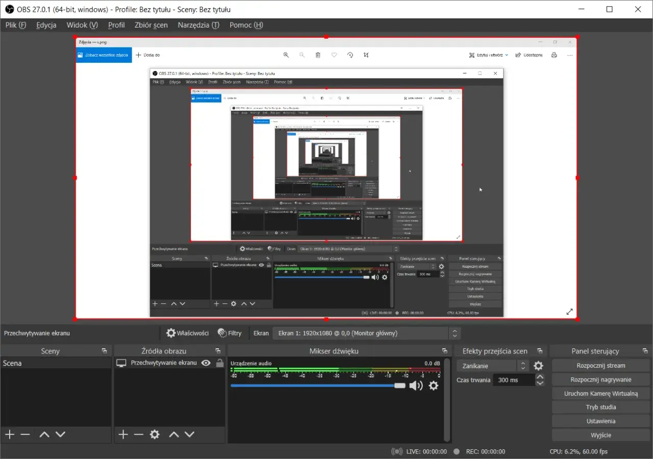 Nagrywanie ekranu w OBS Studio. Widok okna programu z podglądem nagrania, mikserem dźwięku i panelem sterowania.