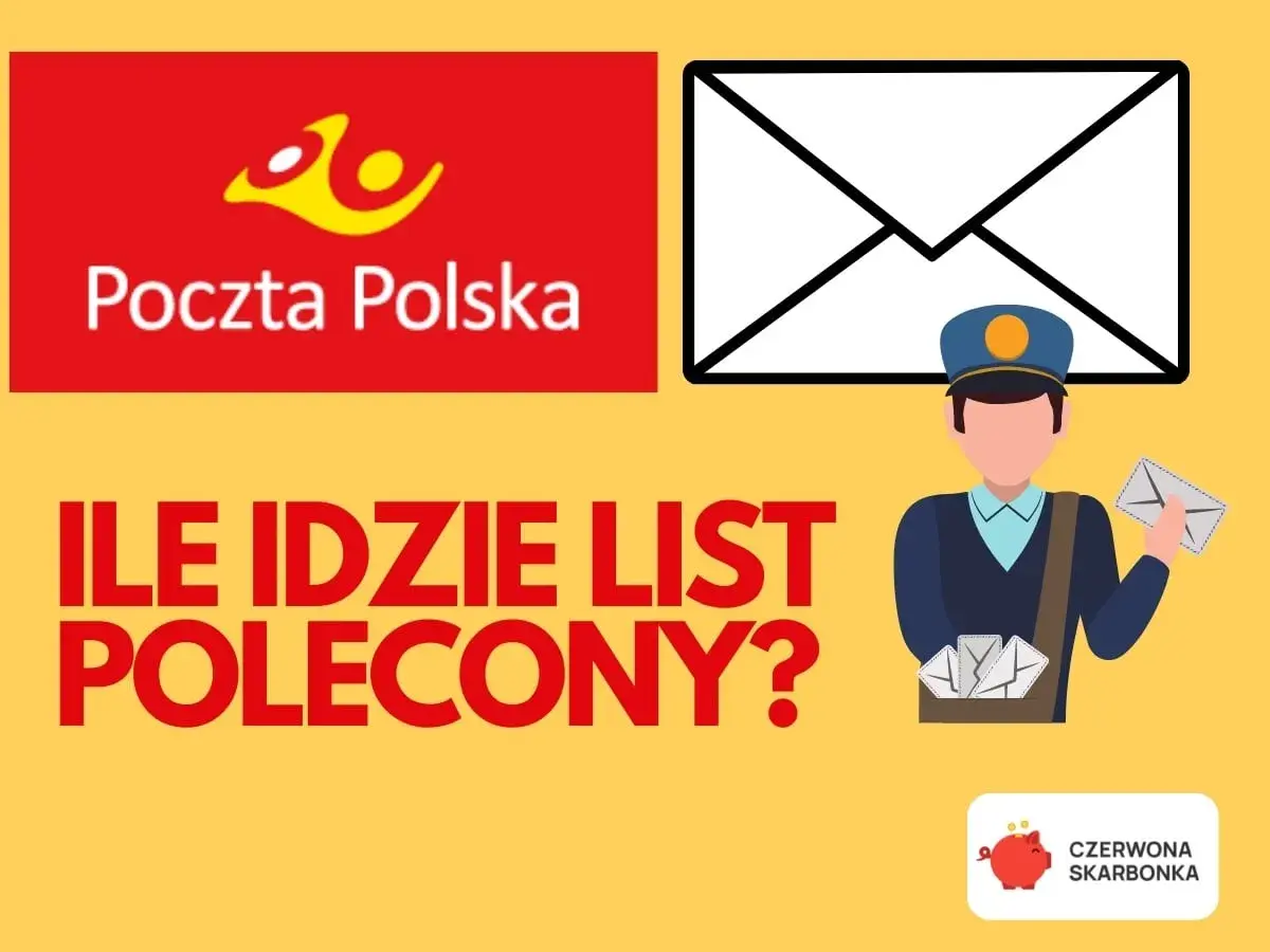 Poczta Polska pyta: ile idzie list polecony? Grafika z listonoszem i kopertami.