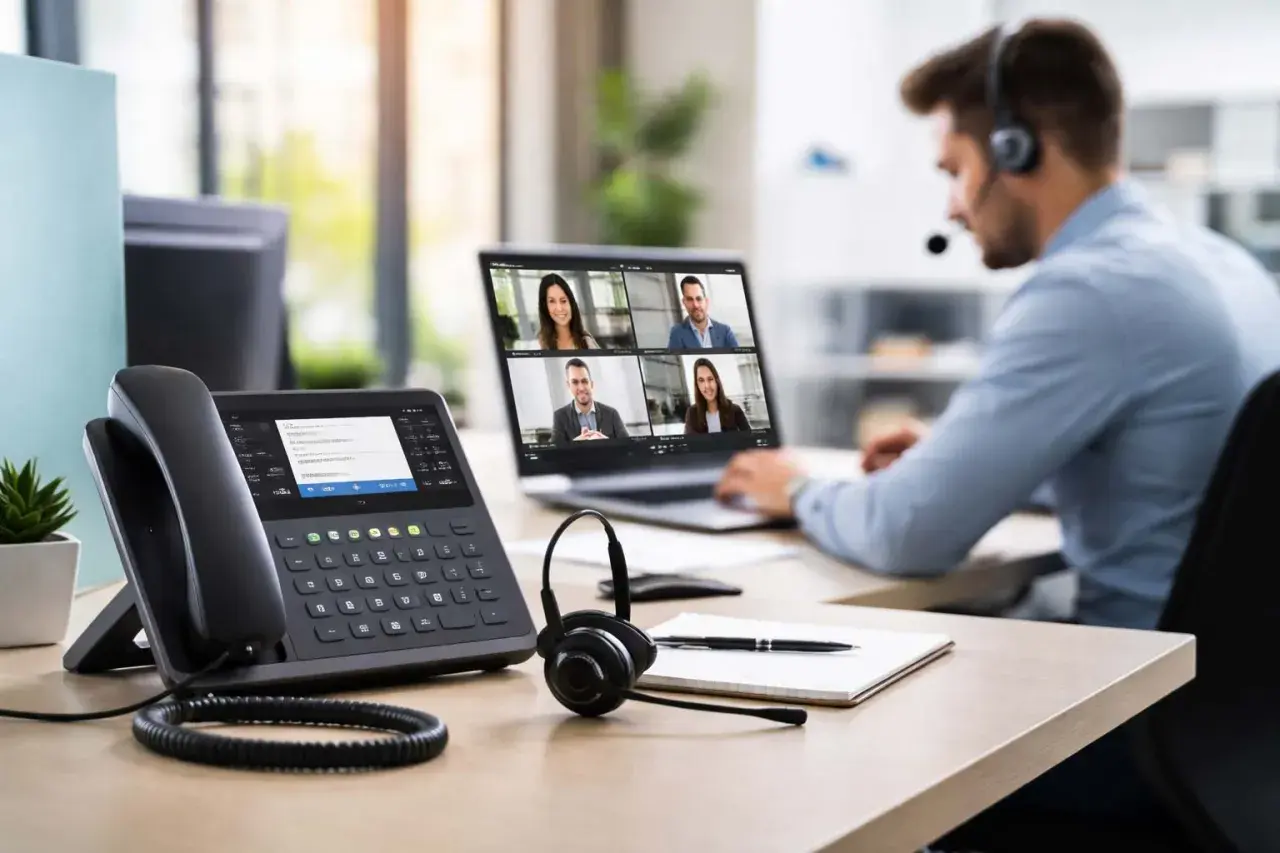 Un homme en casque participe à une visioconférence. Un téléphone IP et un ordinateur portable sont sur le bureau, illustrant la **PABX définition** pour la communication d'entreprise.