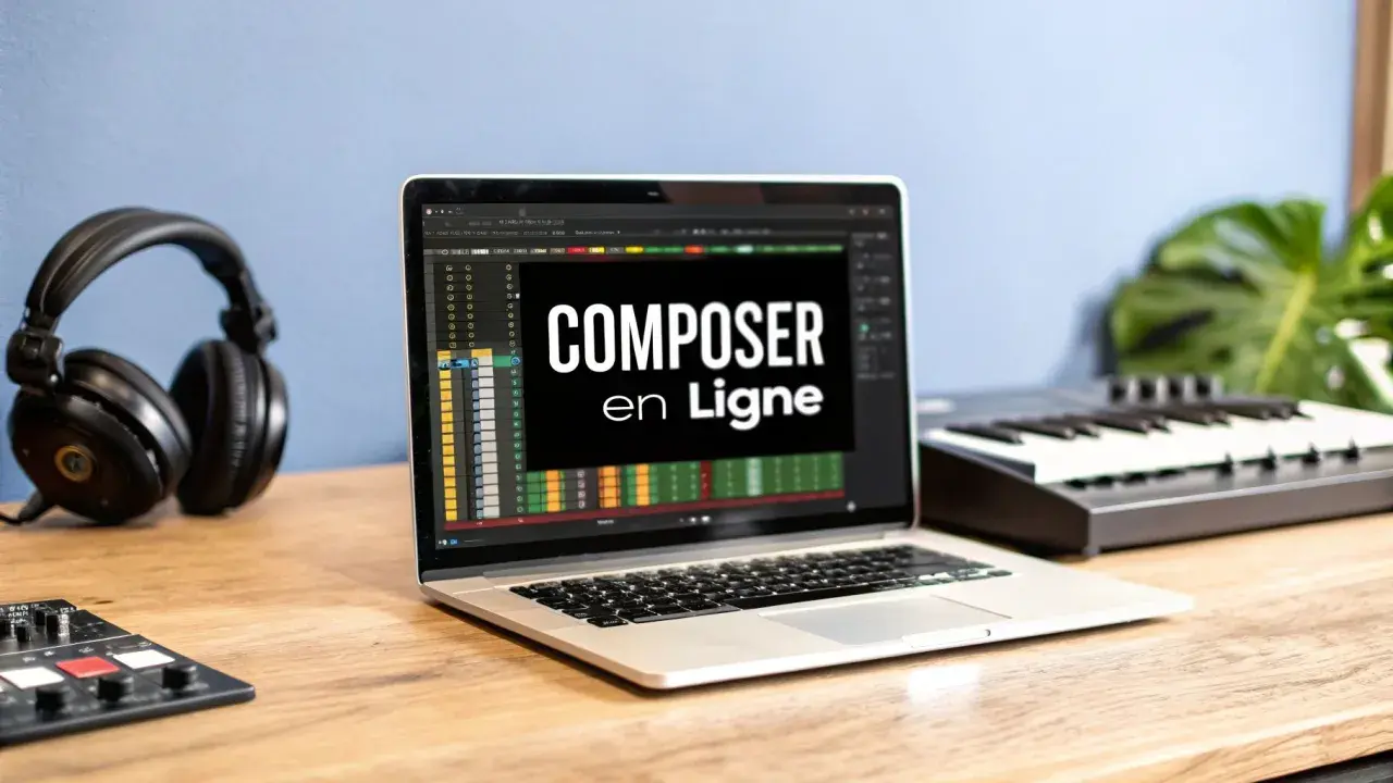Bureau avec casque, ordinateur affichant "COMPOSER en Ligne", clavier MIDI et contrôleur. Une composition en ligne pour créer de la musique.
