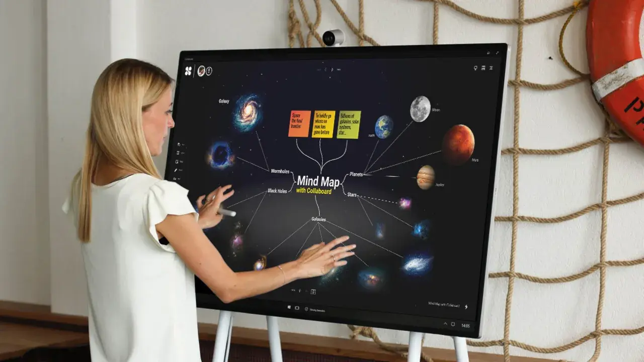 Eine Frau nutzt ein interaktives Whiteboard, um eine interstellare Mindmap zu erstellen. Was ist ein Whiteboard? Ein digitales Display für Ideen.