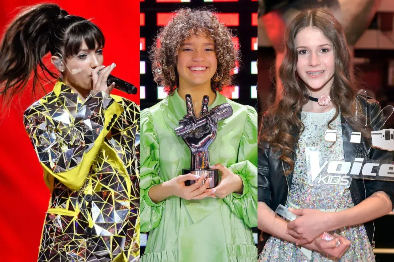 Trzy finalistki The Voice Kids: śpiewająca w lustrzanej marynarce, z trofeum w zielonej sukience i z nagrodą w błyszczącej kreacji. Kto wygrał?