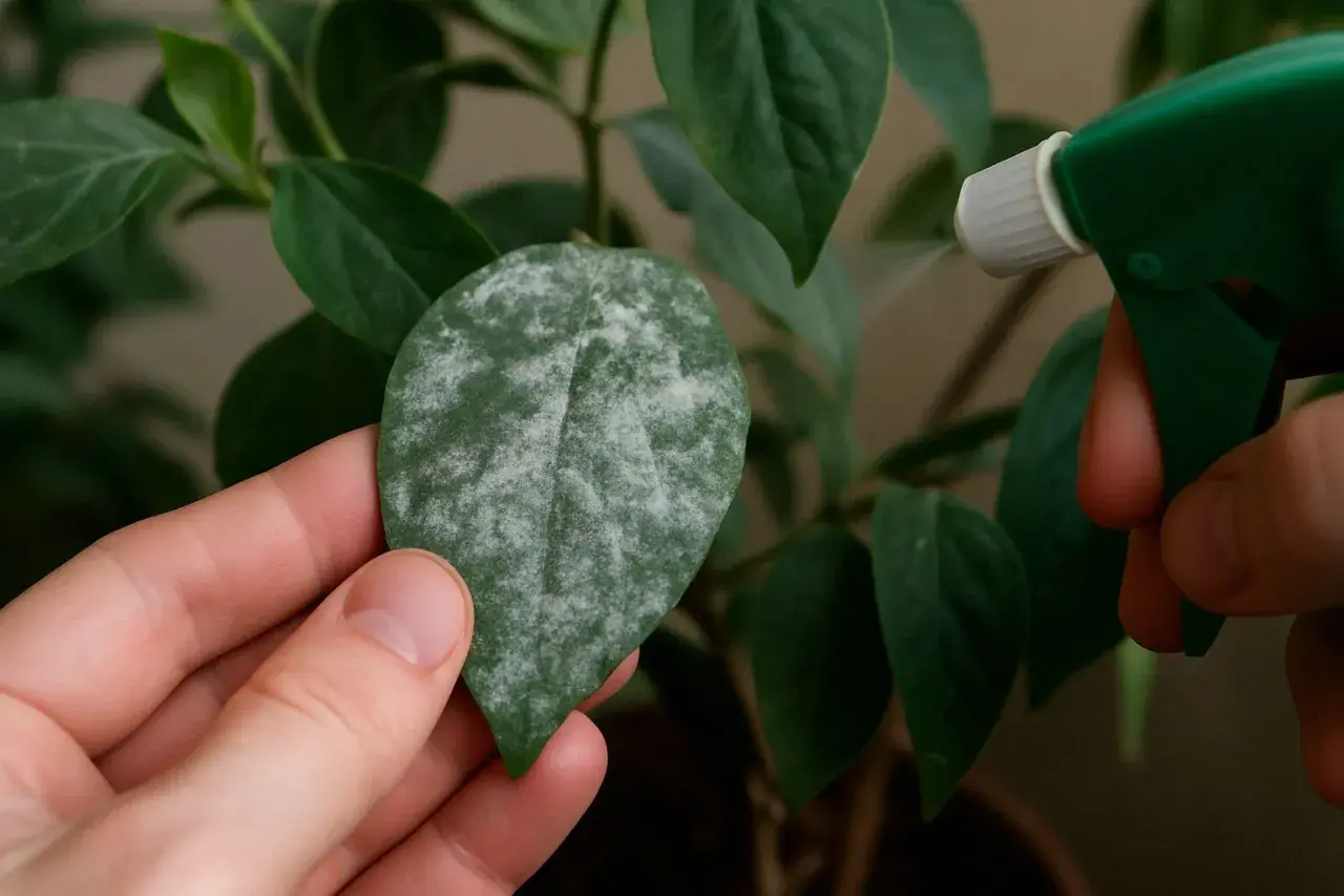 Eine Hand hält ein Blatt mit weißem Belag, der auf Mehltau als Ursache hindeutet. Eine Sprühflasche sprüht auf die Pflanze.