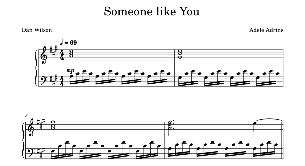 Nuty do piosenki "Someone like You" Adele. Widoczne akordy i oznaczenie tempa J=69.