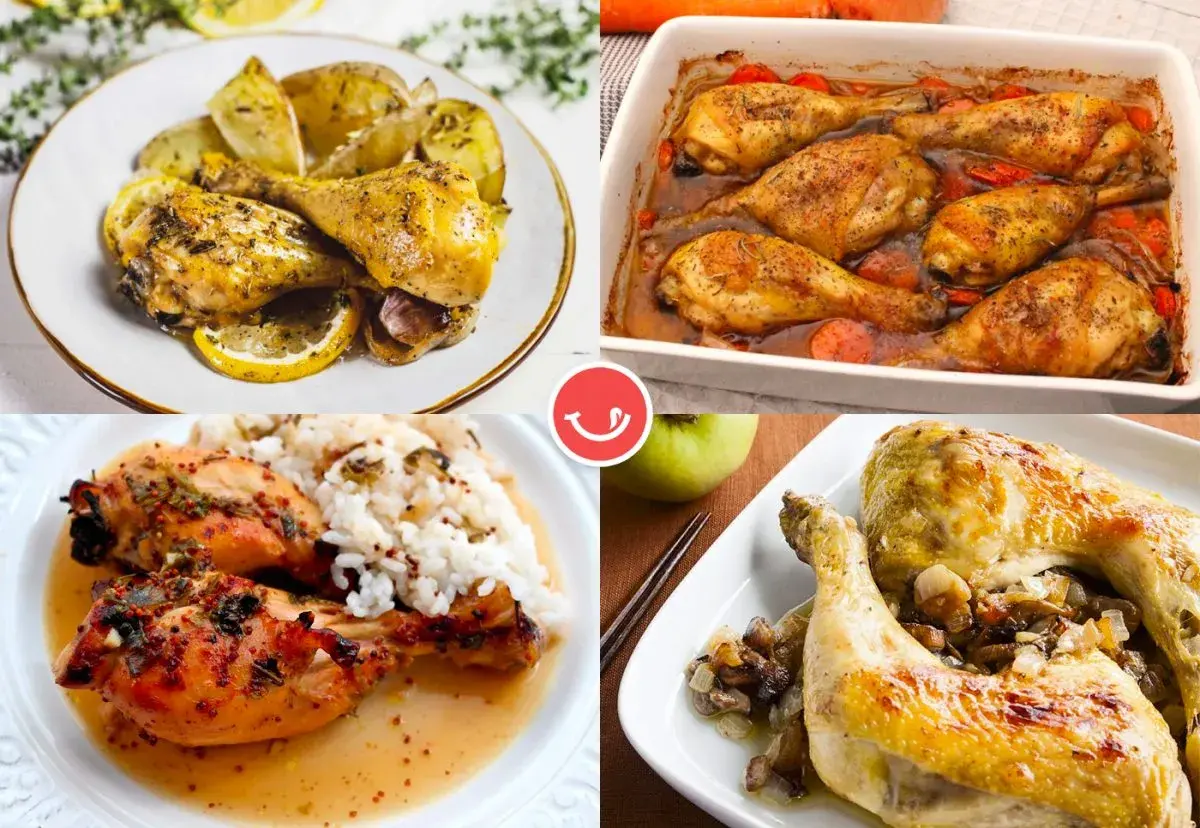 Cuatro platos deliciosos con muslos de pollo: asados con limón y patatas, en bandeja con zanahorias, con arroz blanco y con champiñones.