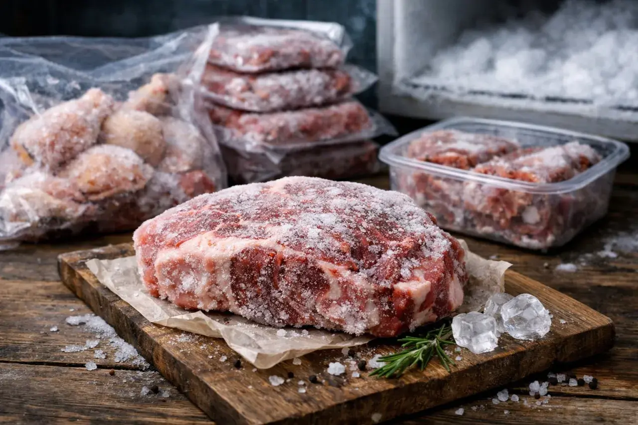 Gros morceau de viande brulée par le froid, recouvert de givre. D'autres portions congelées sont visibles en arrière-plan.