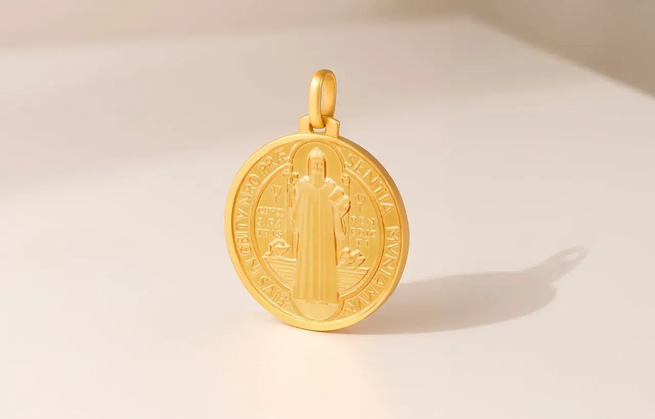 Collar virgen oro con medalla de San Benito, detalle de figura religiosa y escritura en relieve.