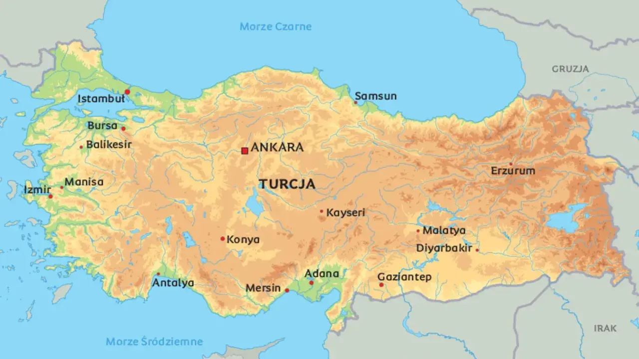 Mapa Turcji, kraju położonego na styku Europy i Azji, z zaznaczonymi miastami jak Stambuł, Ankara i Izmir.