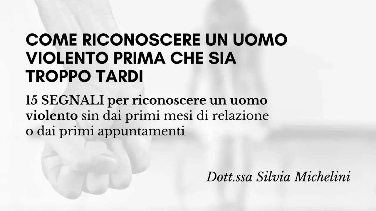 Uomo che alza le mani, simbolo di psicologia e avvertimento. Titolo: "Come riconoscere un uomo violento prima che sia troppo tardi".