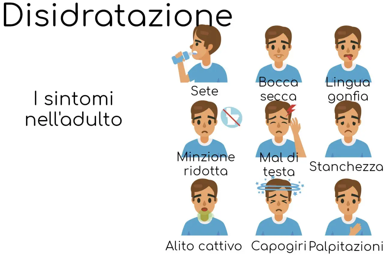 I sintomi della disidratazione nell'adulto: sete, bocca secca, lingua gonfia, minzione ridotta, mal di testa, stanchezza, alito cattivo, capogiri, palpitazioni.