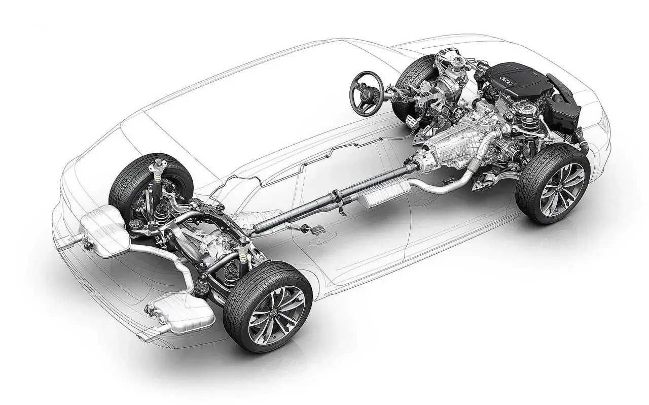 Diagrama de un coche mostrando el motor, transmisión y eje de transmisión, explicando qué es la tracción de un coche.