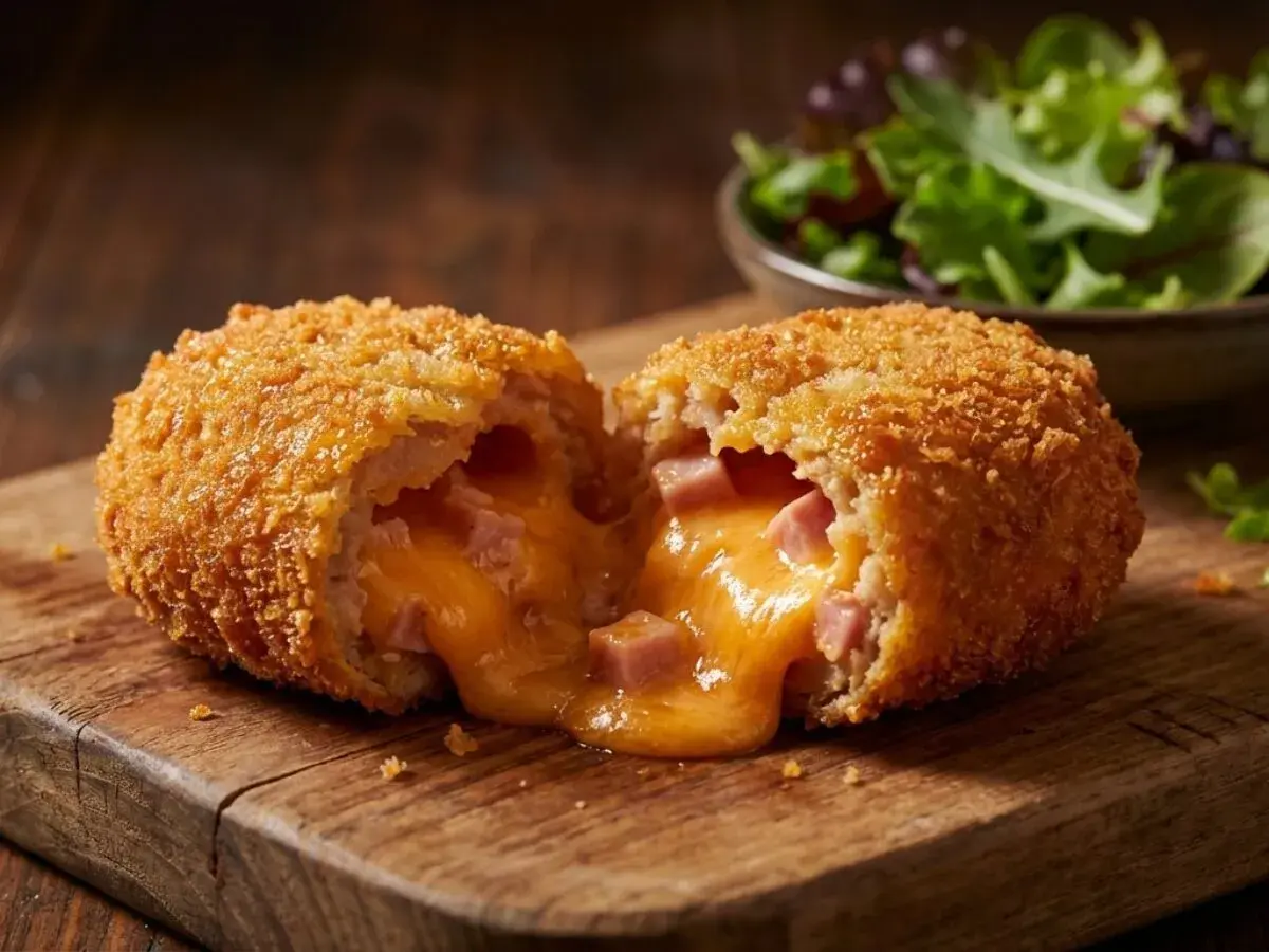 Une croquette jambon fromage dorée et croustillante, coupée en deux, révèle un cœur fondant de fromage et de jambon. Un délice !