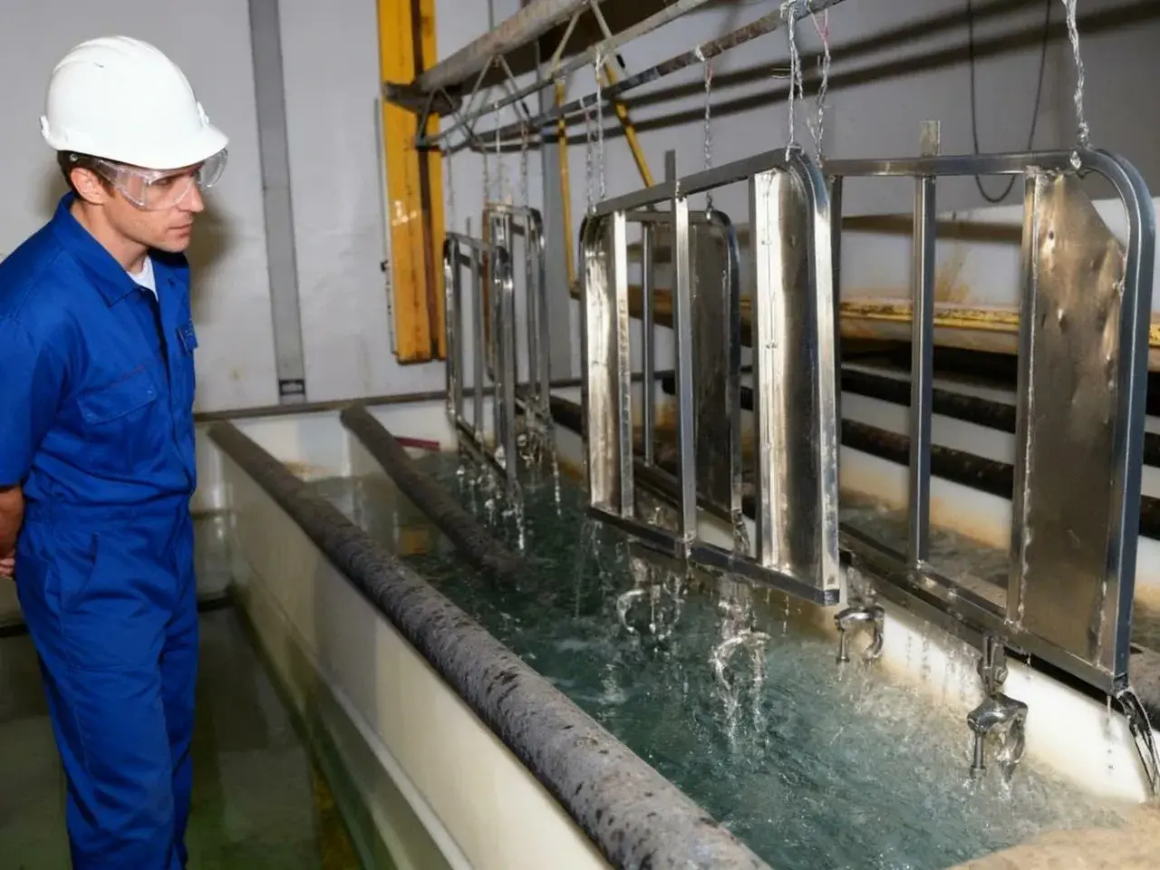 Pracownik w galwanizerni nadzoruje proces zanurzania metalowych elementów w kąpieli. To właśnie galwanizernia, gdzie metale zyskują ochronną powłokę.