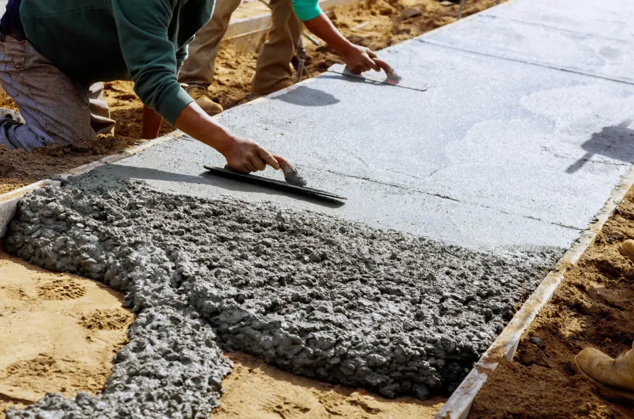 Robotnicy wygładzają świeżą wylewkę betonową. Zastanawiasz się, na ile starczy 25 kg wylewki?