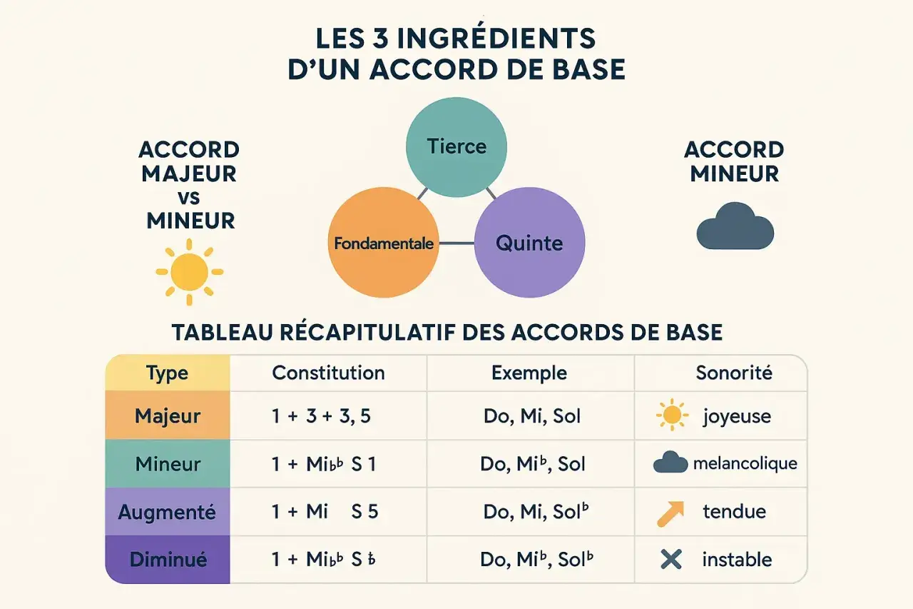Tableau comparant accord majeur et mineur, leurs ingrédients (fondamentale, tierce, quinte) et sonorités (joyeuse vs mélancolique).