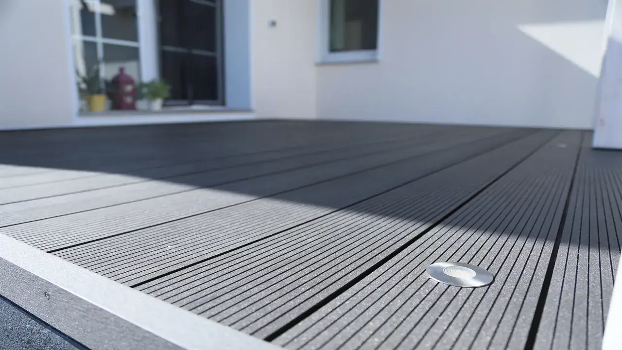 Moderne WPC Terrasse Ideen: Dunkelgraue Dielen mit integrierter Beleuchtung schaffen ein stilvolles Ambiente.