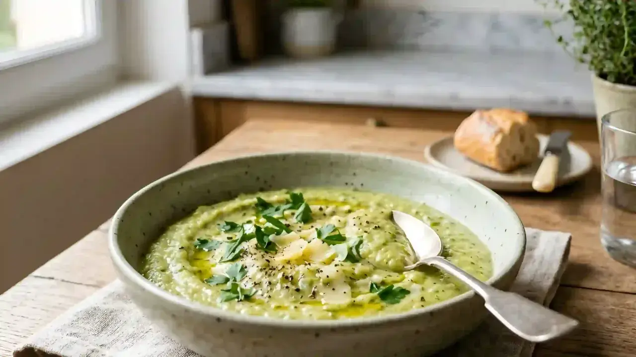 Un bol de purée de courgette onctueuse, garnie de persil frais et de copeaux de parmesan. Un pain croustillant et un verre d'eau complètent ce repas léger.