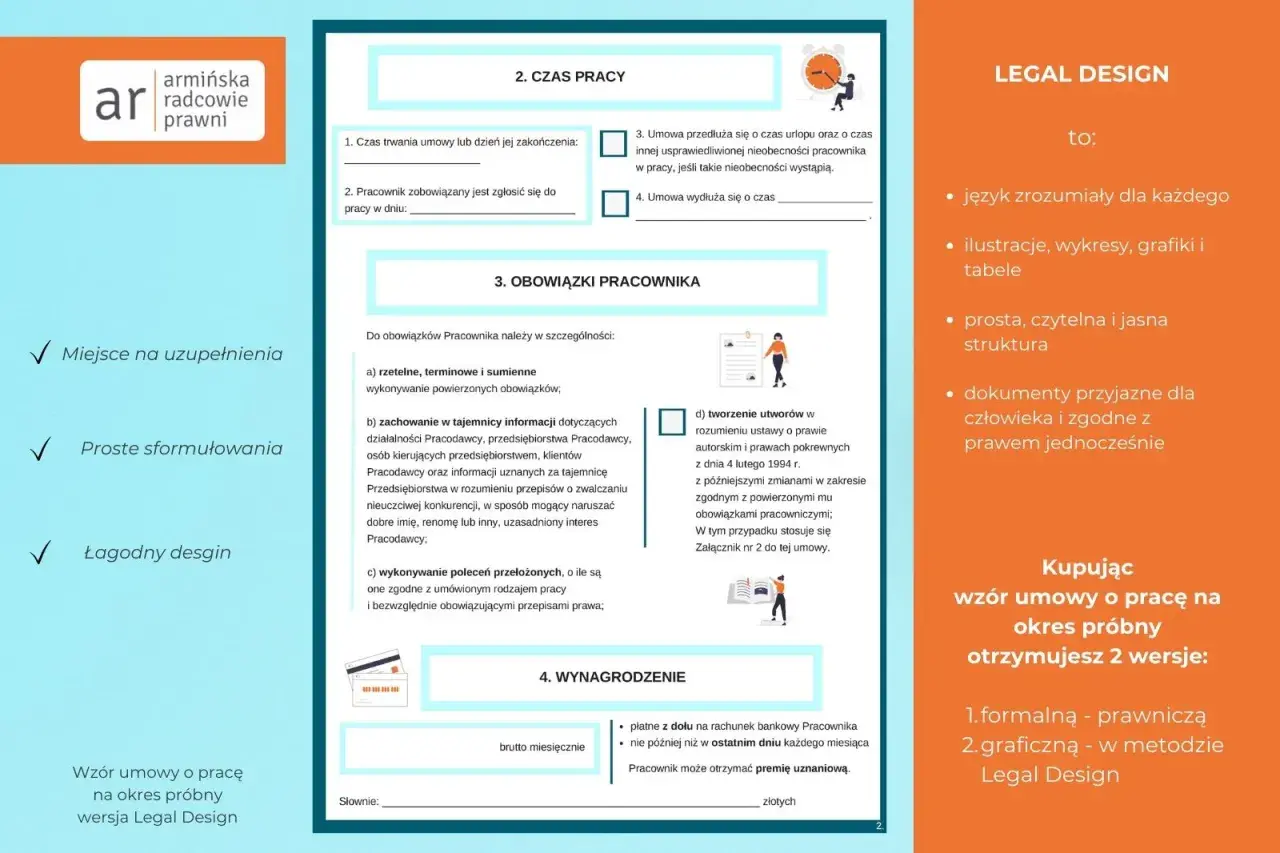 Fragment umowy o pracę na okres próbny z nagłówkiem "2. CZAS PRACY" i ikonami.