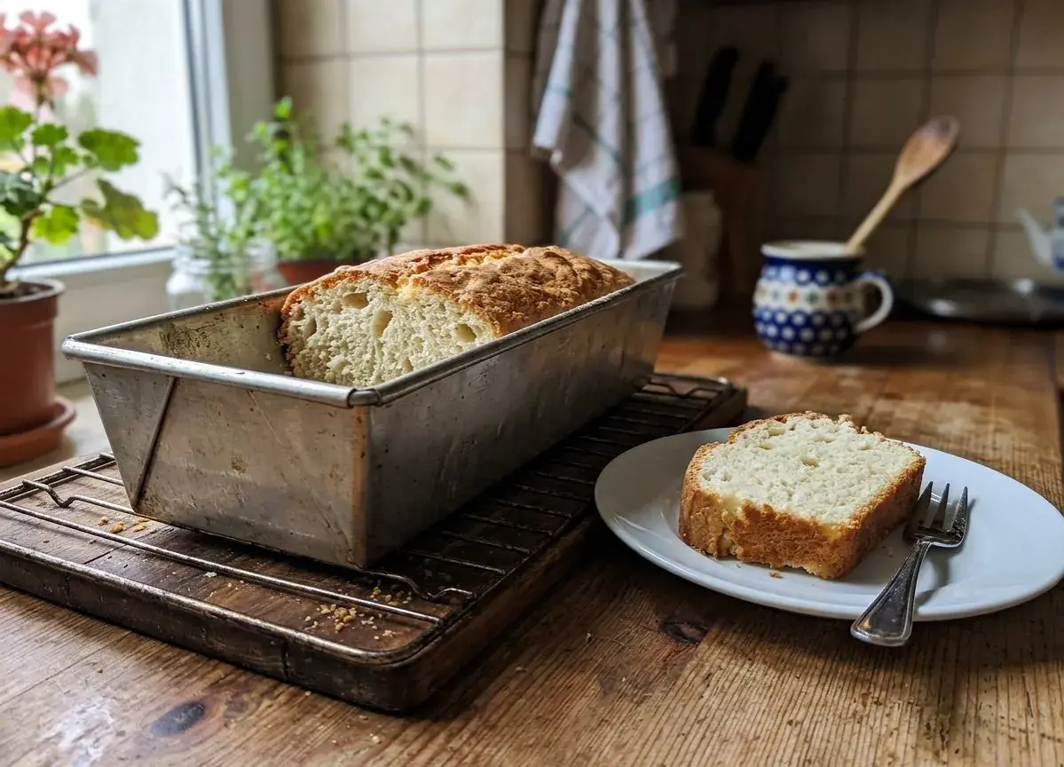 Domowe ciasto drożdżowe, sprawdzony przepis. Pachnący bochenek w keksówce i kromka na talerzyku.