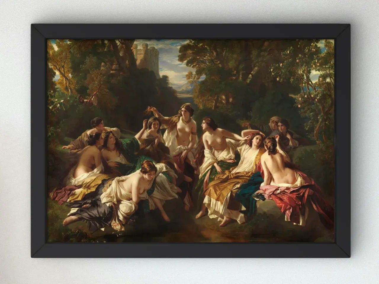 A group of nymphs relax by a stream in a lush forest, a castle visible in the background, in this painting by Franz Xaver Winterhalter.