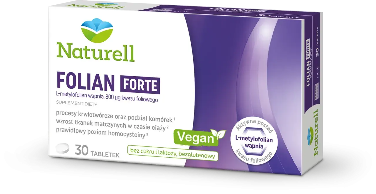 Opakowanie suplementu diety Naturell Folian Forte z informacją o 30 tabletkach i wegańskiej formule.