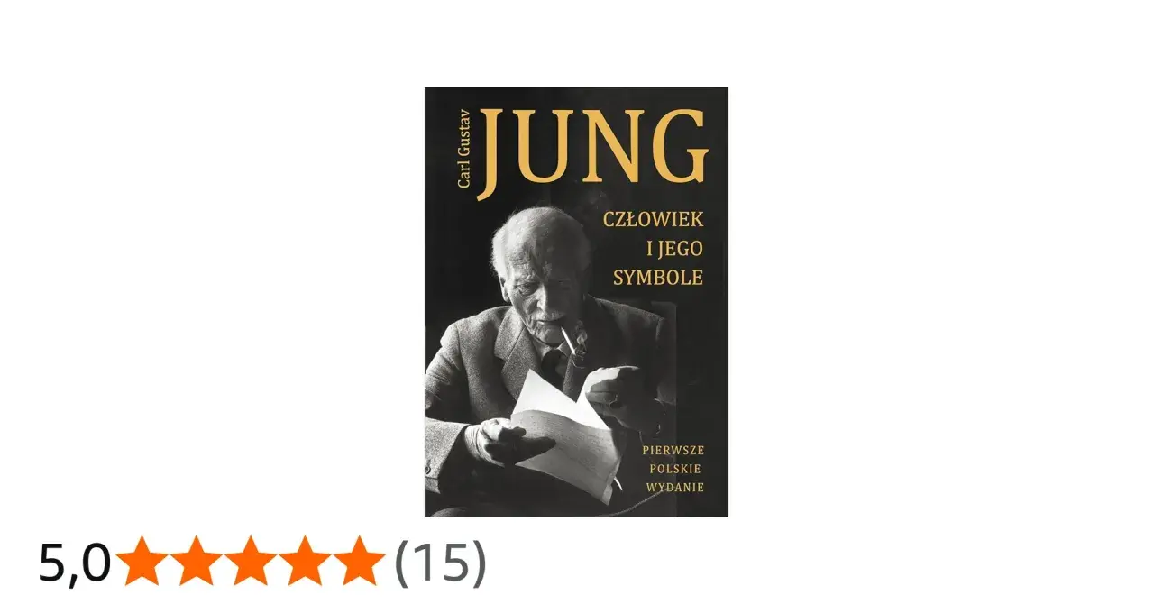 Okładka książki Carla Gustava Junga "Człowiek i jego symbole". Starszy mężczyzna z fajką w ustach czyta dokument.