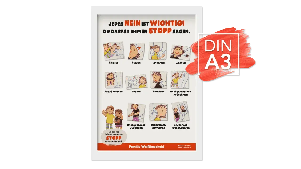 Illustrationen zeigen, wie Kinder "Stopp" sagen dürfen. Lehrer haben Schweigepflicht, aber bei Kindeswohlgefährdung müssen sie handeln.