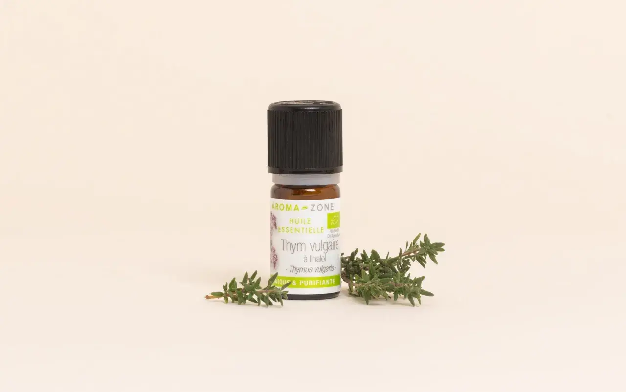 Flacon d'huile essentielle de thym vulgaire, aux notes aromatiques et purifiantes, posé à côté de brins de thym frais.